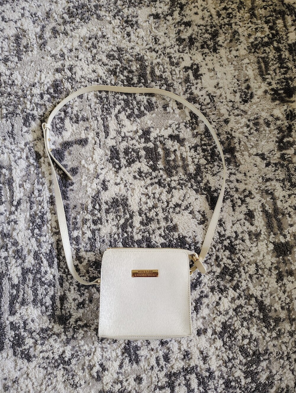Versace Collection Cream Saffiano Leather Mini Crossbody Bag Gold Plaque Fair